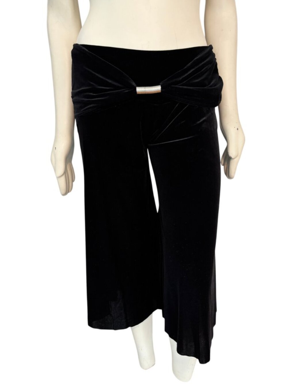 VTG CANDIE'S Y2K Low Rise Black Velvet Palazzo Capri Draped belt Silver bar SZ 4